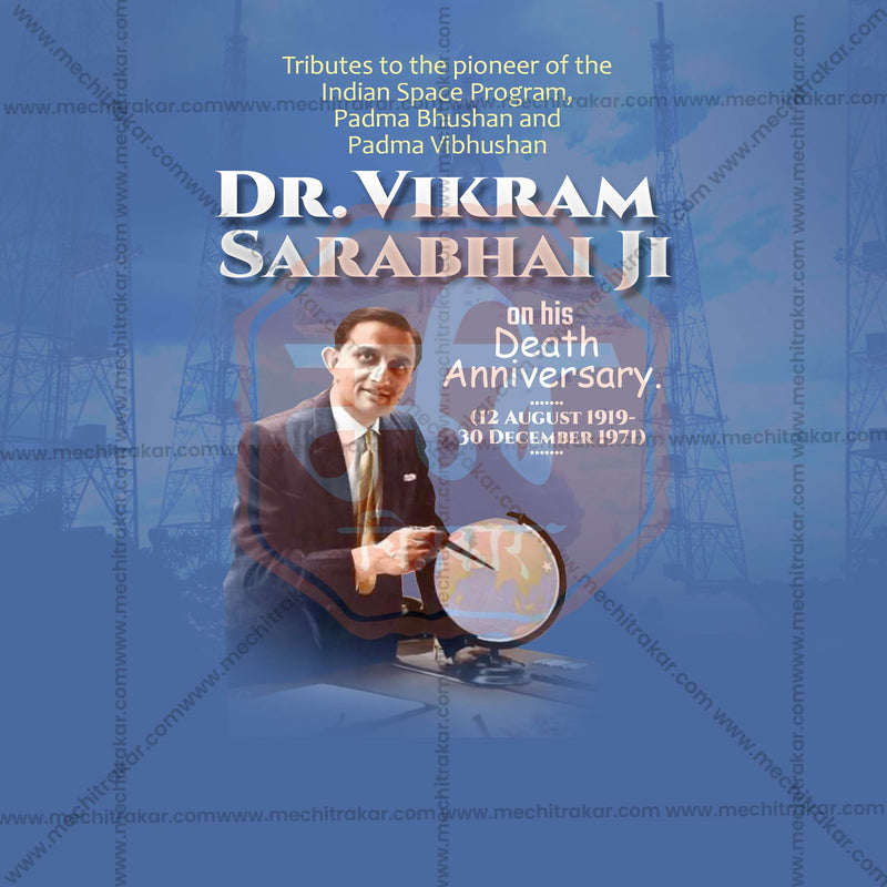 Load image into Gallery viewer, Beautiful Dr. Vikram Sarabhai Punyatithi  Event Poster in Marathi, Hindi, and English - High-Quality Editable PSD and JPG by Me Chitrakar
