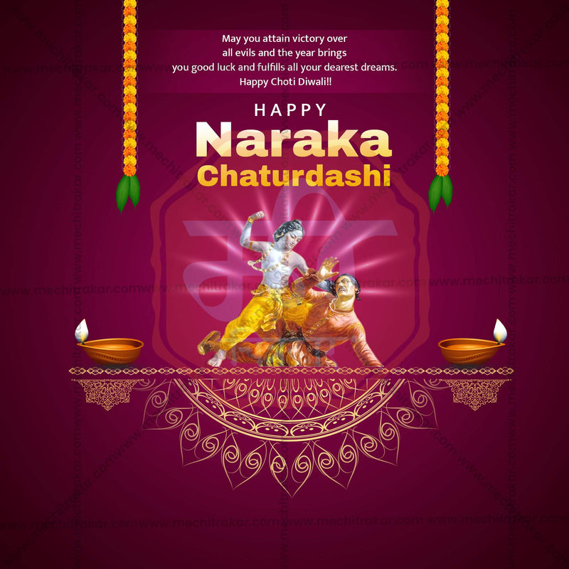 Load image into Gallery viewer, Beautiful Naraka Chaturdashi Event Poster in Marathi, Hindi, and English - High-Quality Editable PSD and JPG by Me Chitrakar
