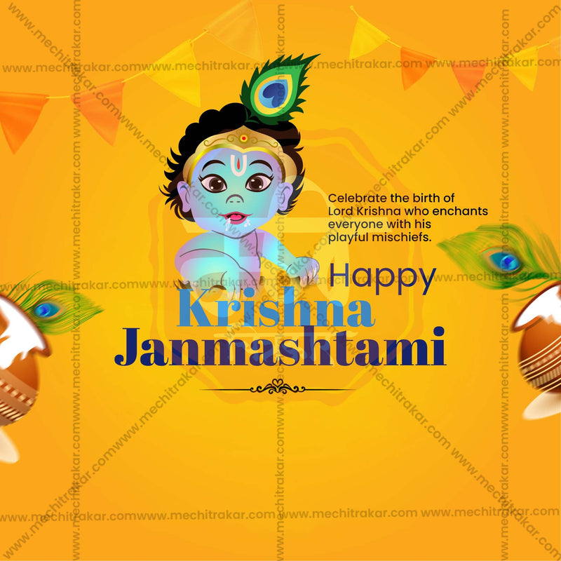 Load image into Gallery viewer, Beautiful Sri Krishna Janmashtami Event Poster in Marathi, Hindi, and English - High-Quality Editable PSD and JPG by Me Chitrakar
